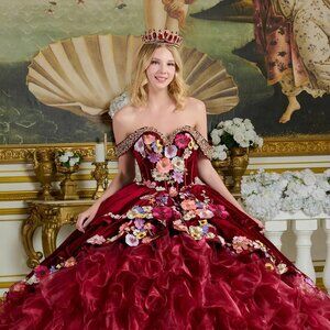 New Floral Lace Embellished Maxi Quinceanera Velvet Gown w/ Lace Up Back GL3638